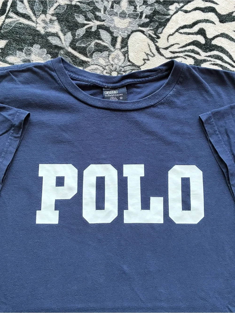 009 - VINTAGE 90s POLO RALPH LAUREN NAVY BLUE SPELL OUT T SHIRT